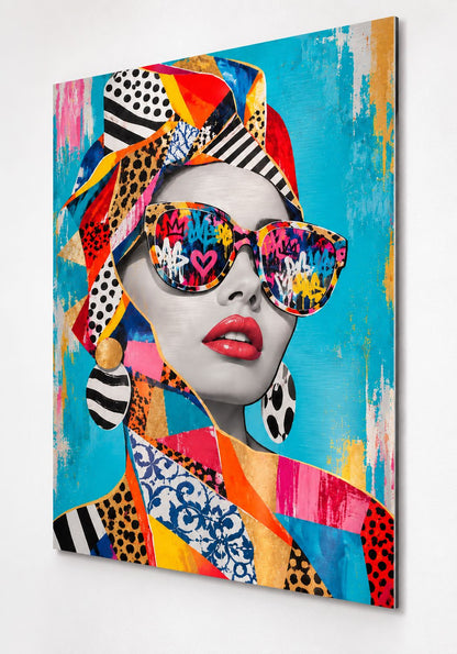Tableau Pop Art femme Pop Diva imprimé sur aluminium brossé, aux couleurs turquoise, rose et orange
