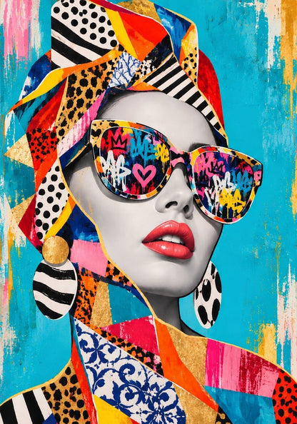 Portrait féminin Pop Art coloré Pop Diva avec lunettes graphiques et fond turquoise
