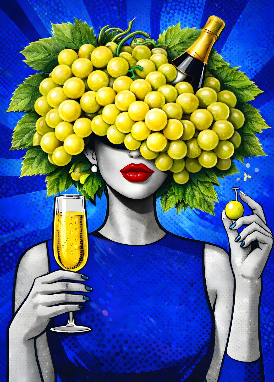 Tableau pop art femme raisins jaunes champagne fond bleu style moderne coloré dynamique
