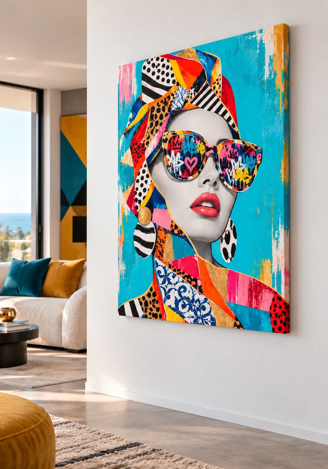 Tableau femme coloré Pop Diva présenté dans un salon contemporain
