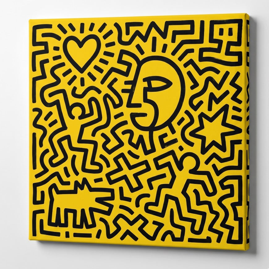 Tableau pop art graphique jaune noir avec formes urbaines et inspiration artistique moderne
