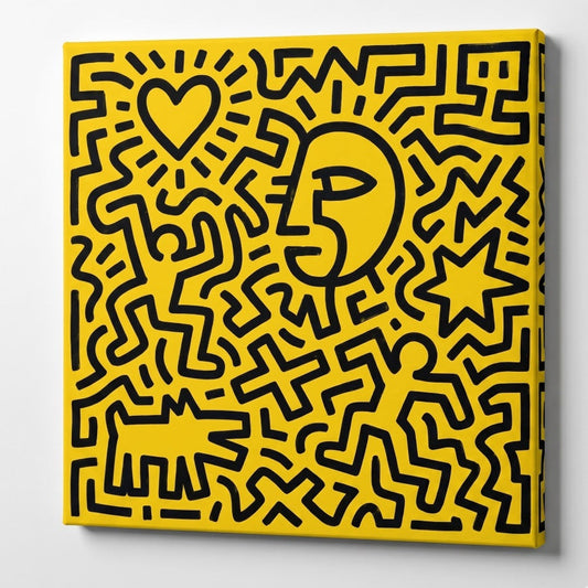 Tableau pop art graphique jaune noir avec formes urbaines et inspiration artistique moderne
