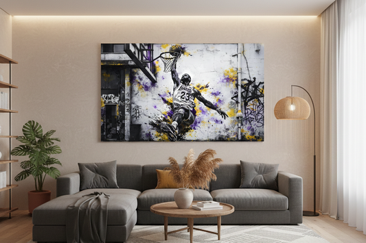 Tableau pop art LeBron James Lakers dans un intérieur contemporain
