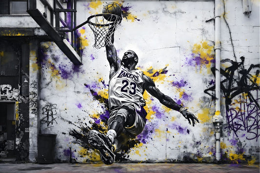 Tableau pop art LeBron James réalisant un dunk avec les Lakers
