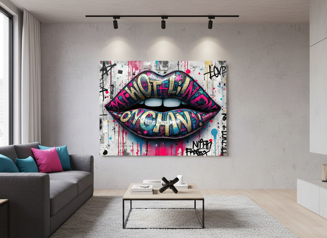 Tableau pop art lèvres intégré dans une décoration murale moderne
