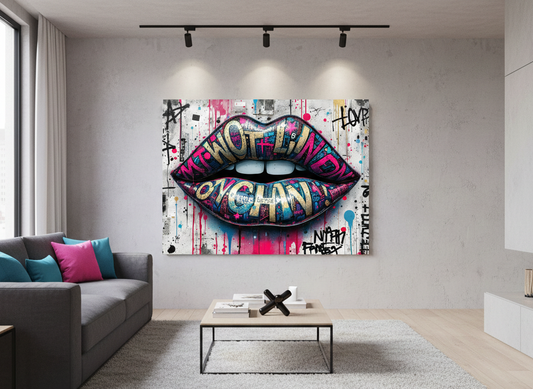 Tableau pop art lèvres intégré dans une décoration murale moderne

