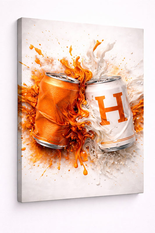 Tableau design détail projection peinture effet liquide noir blanc orange style moderne
