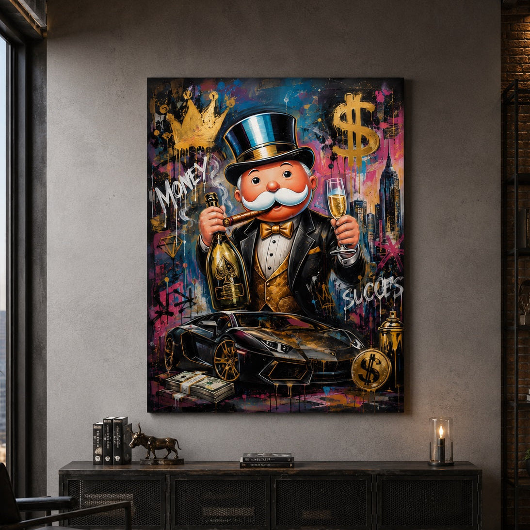 Tableau contemporain mêlant personnage emblématique, automobile de prestige, univers du luxe, art urbain, couleurs éclatantes, textures graphiques et ambiance business pour une décoration murale moderne.
