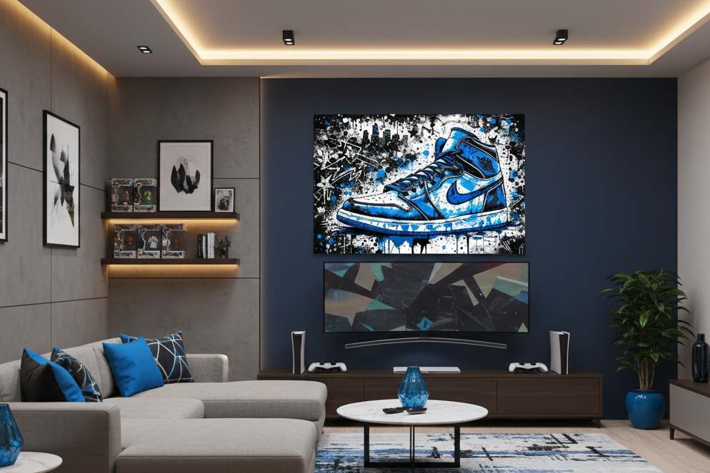 Tableau Nike Air Jordan 1 pop art dans un intérieur contemporain
