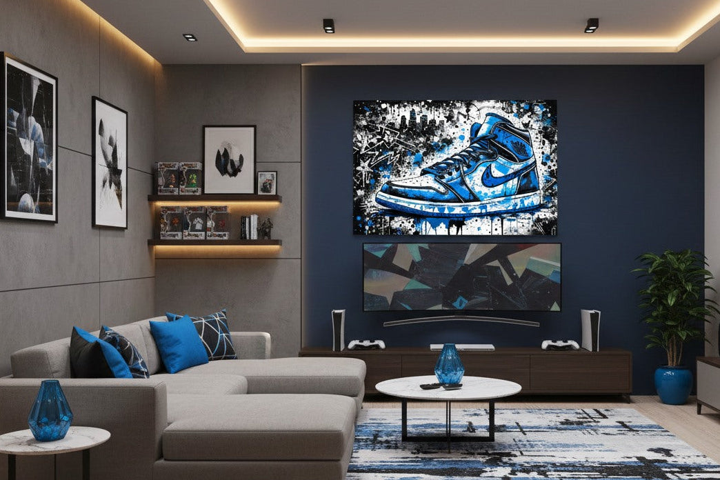 Tableau Nike Air Jordan 1 pop art dans un intérieur contemporain
