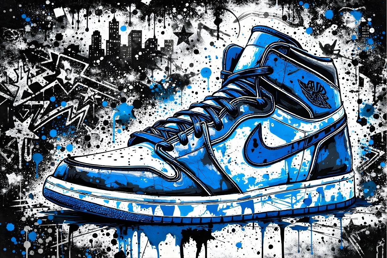 Détail graphique du tableau pop art Nike Air Jordan 1 street culture
