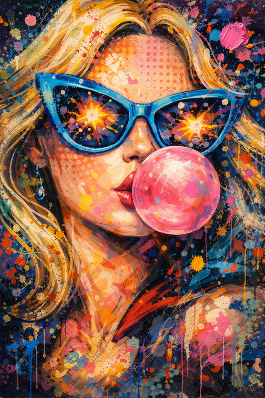 Tableau pop art portrait représentant une femme iconique soufflant une bulle de chewing-gum
