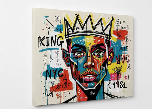 Tableau pop art portrait graffiti NYC avec couleurs vives et style néo expressionniste contemporain

