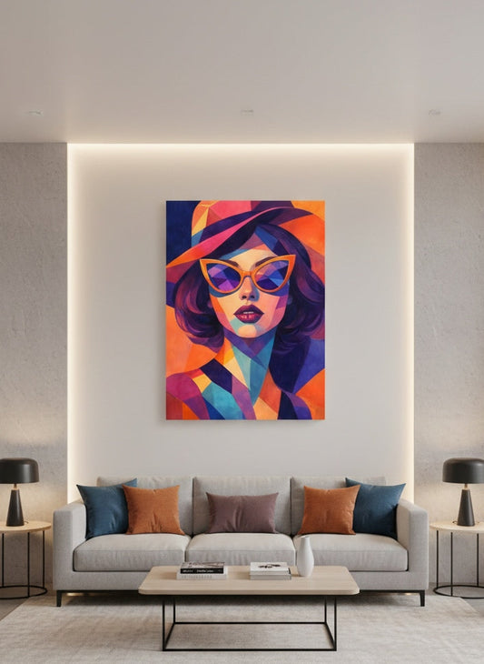 Œuvre murale portrait pop coloré pour salon moderne et intérieur créatif
