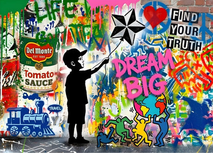 Tableau pop art graffiti couleurs vives enfant silhouette street art décoration murale moderne artistique
