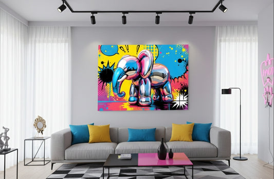 Tableau pop art street art éléphant en décoration murale dans un salon moderne

