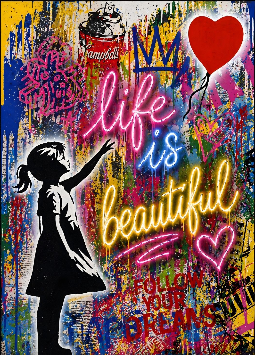 Tableau pop art graffiti couleurs vives enfant silhouette coeur néon décoration murale moderne
