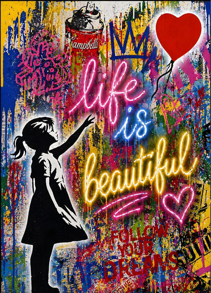 Tableau pop art graffiti couleurs vives enfant silhouette coeur néon décoration murale moderne
