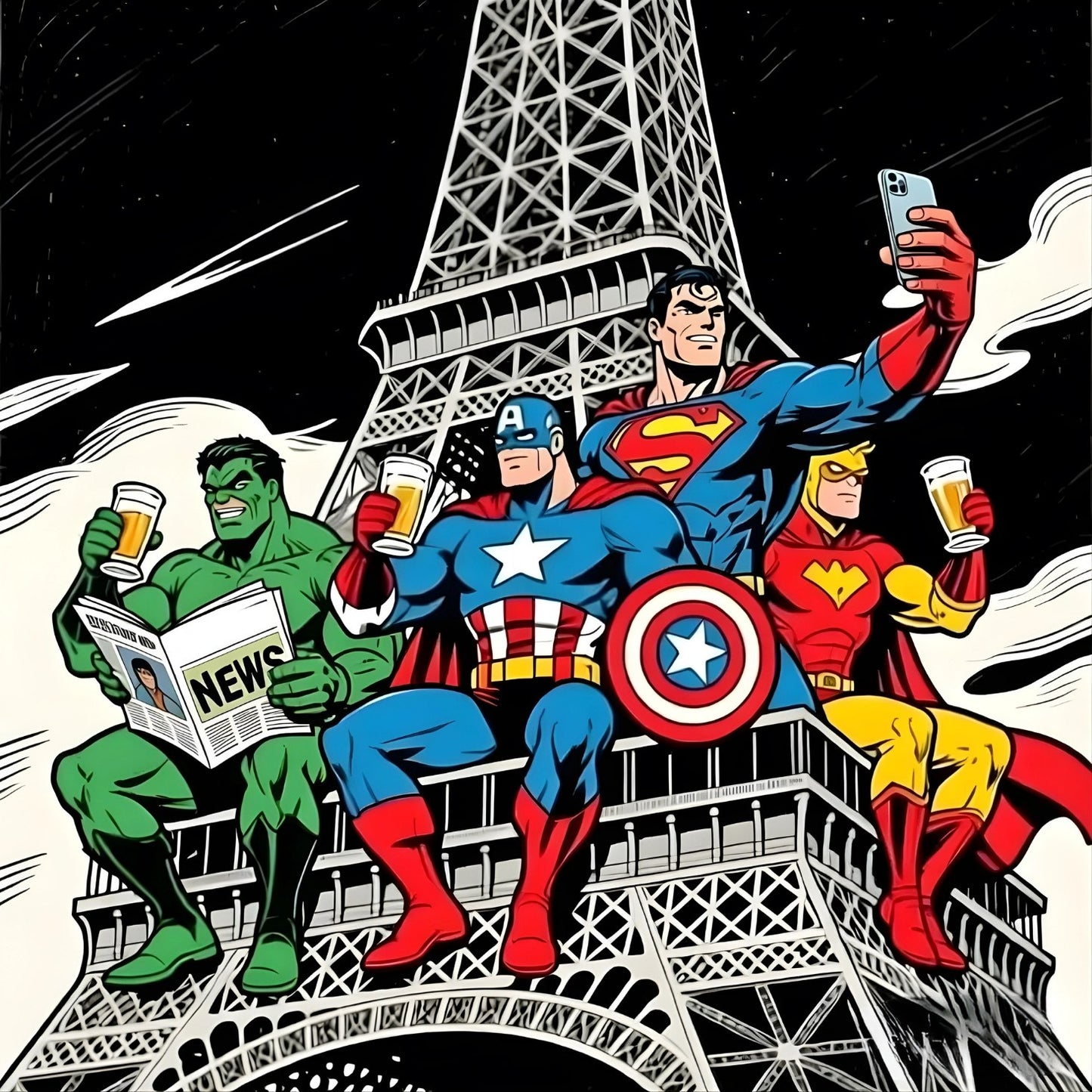 Tableau pop art super héros devant la tour Eiffel
