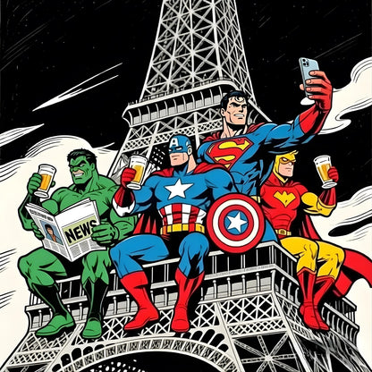 Tableau pop art super héros devant la tour Eiffel
