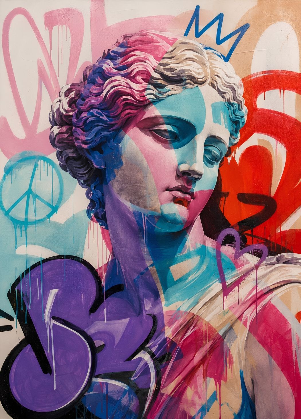 Tableau pop art représentant une Vénus revisitée avec couleurs vibrantes et influences street art contemporaines
