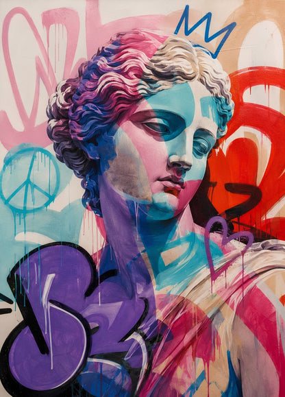 Tableau pop art représentant une Vénus revisitée avec couleurs vibrantes et influences street art contemporaines
