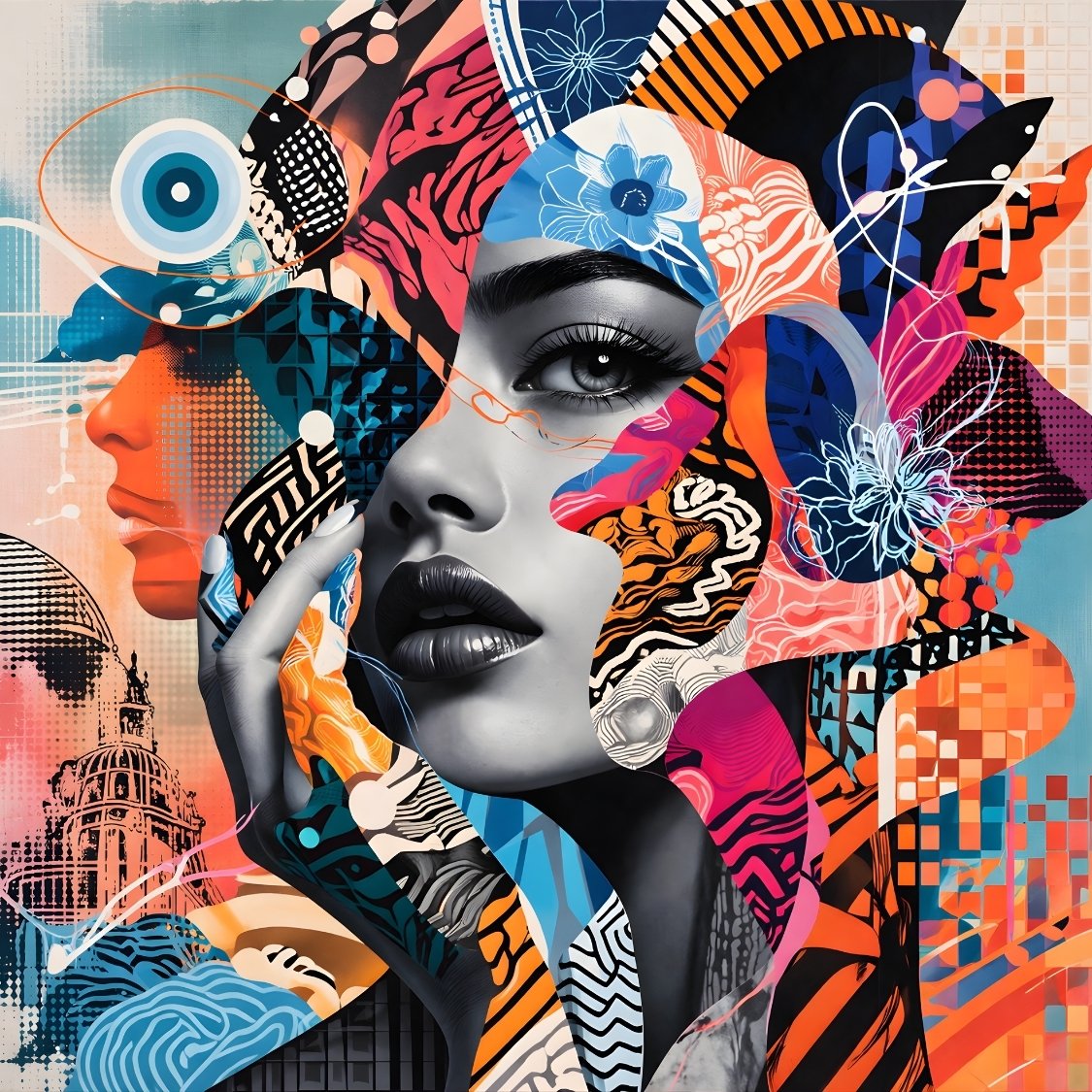 Tableau pop art visage femme multicolore avec motifs graphiques et couleurs vibrantes pour décoration murale moderne
