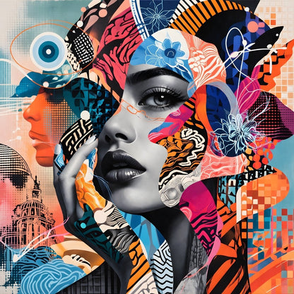 Tableau pop art visage femme multicolore avec motifs graphiques et couleurs vibrantes pour décoration murale moderne
