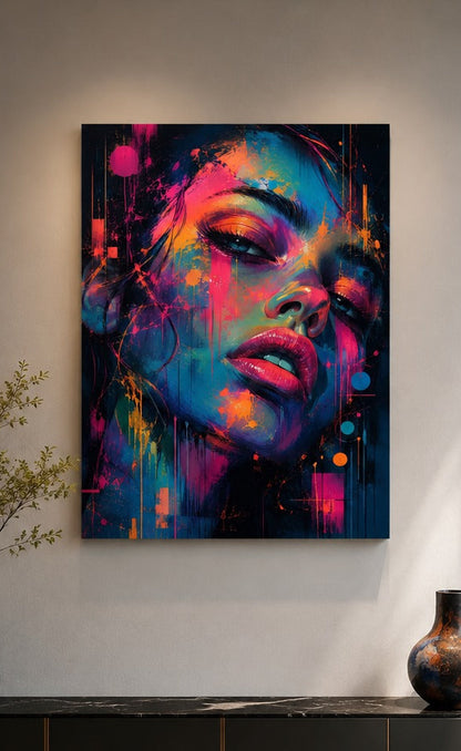 Tableau pop art visage aux couleurs vives
