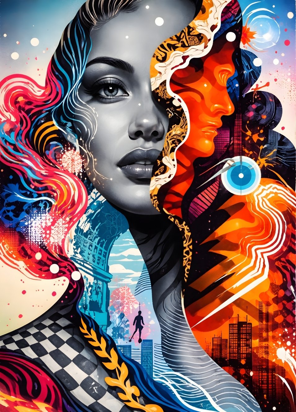 Tableau pop art visage femme double univers noir et blanc et couleurs vives pour décoration murale moderne et artistique
