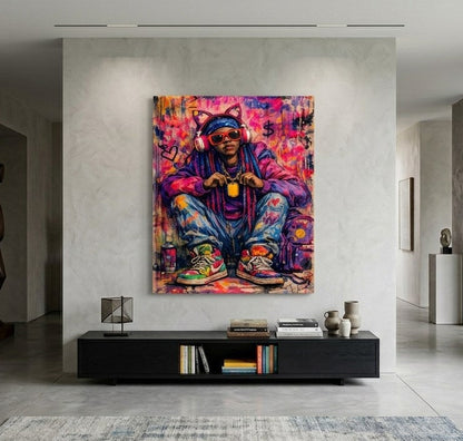 Tableau pop urbain contemporain avec style graffiti et composition artistique moderne
