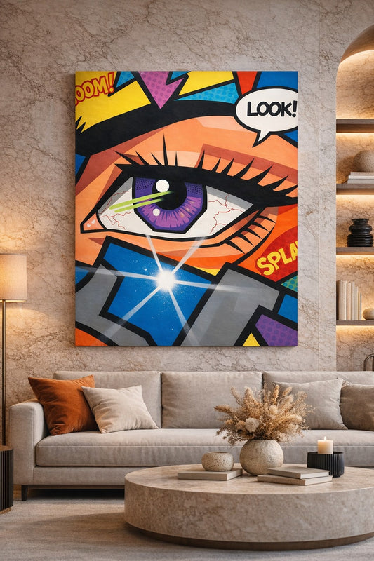 Tableau pop art oeil graphique en situation dans un interieur
