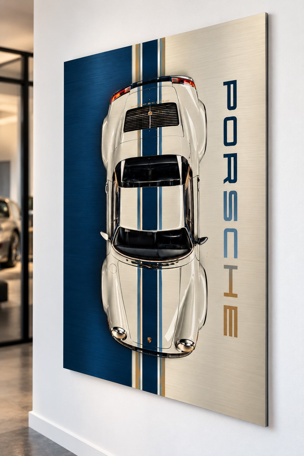 Tableau Porsche 911 Héritage 911 imprimé sur aluminium brossé, avec vue plongeante et bandes sportives bleu et or
