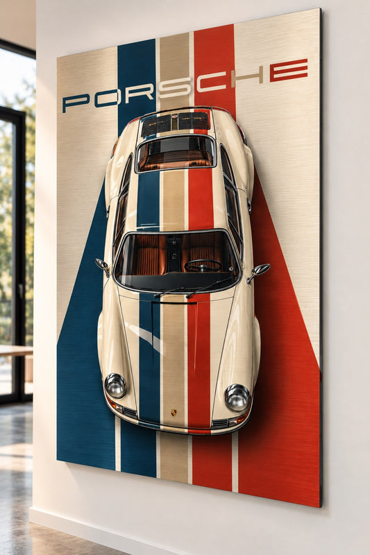 Tableau Porsche 911 Tricolore 911 imprimé sur aluminium brossé, avec bandes colorées et lettrage Porsche

