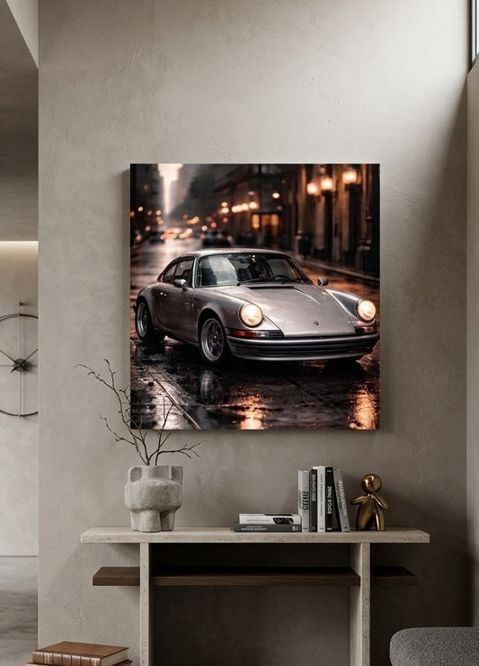 Tableau Porsche 911 Carrera installé dans un bureau ou un garage contemporain

