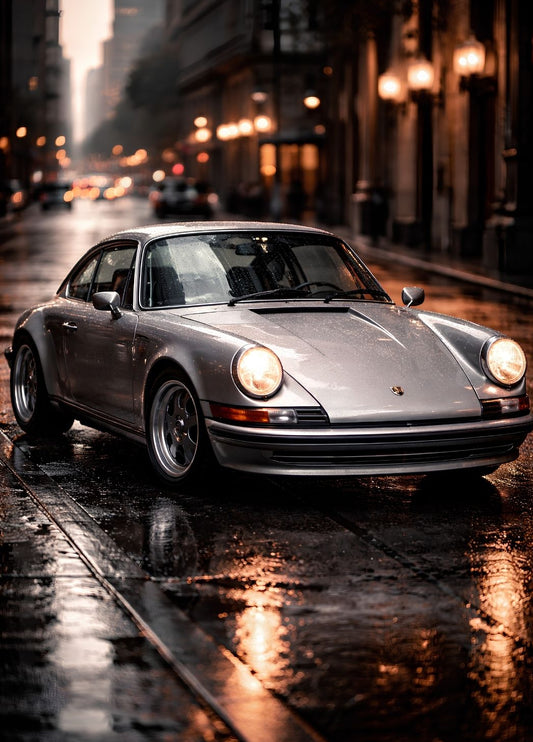 Photographie artistique d'une Porsche 911 Carrera sous la pluie dans une rue urbaine
