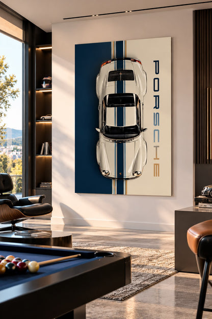 Tableau Porsche 911 classique imprimé sur toile coton, affiche automobile rétro aux couleurs bleu marine et beige
