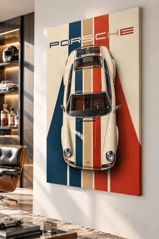 Tableau Porsche 911 vintage Tricolore 911 exposé dans un salon contemporain aux tons chauds
