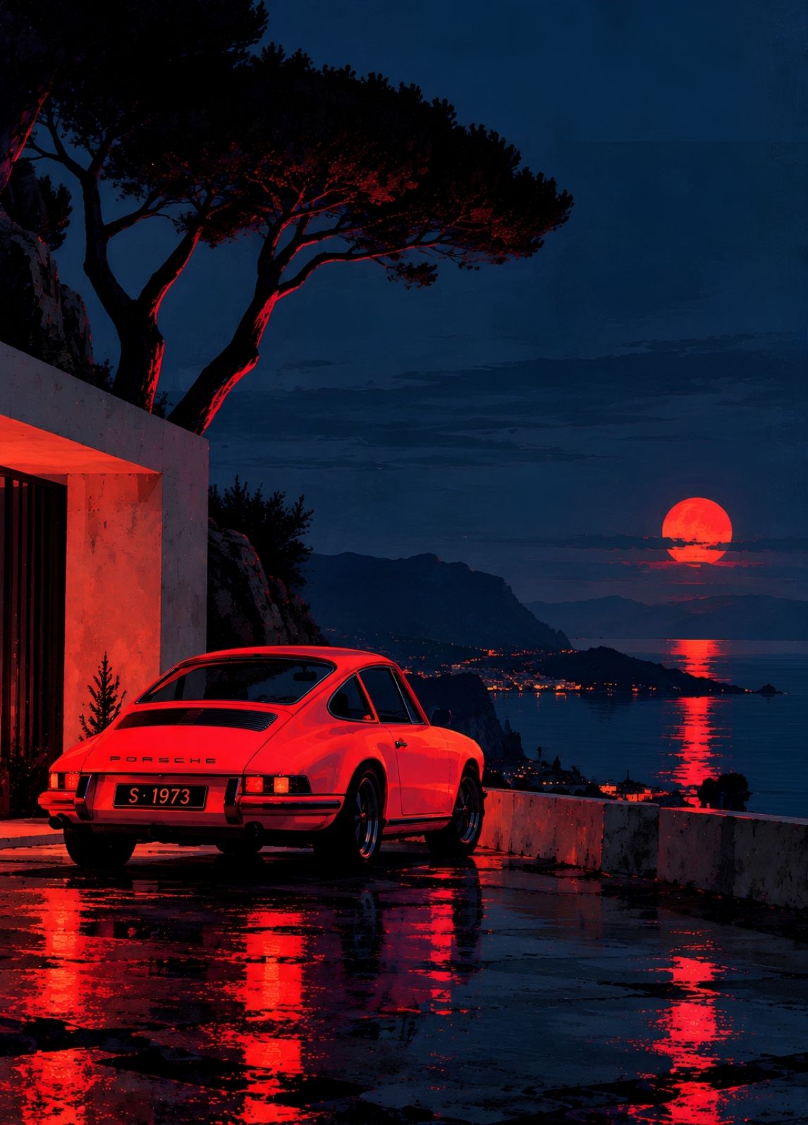 Tableau Porsche 911 Red Moon dans un paysage nocturne méditerranéen
