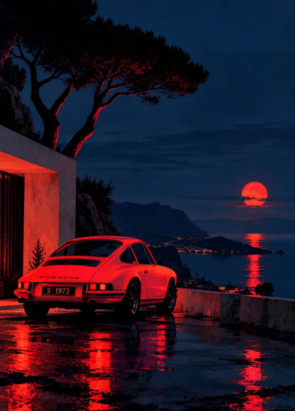 Tableau Porsche 911 Red Moon dans un paysage nocturne méditerranéen
