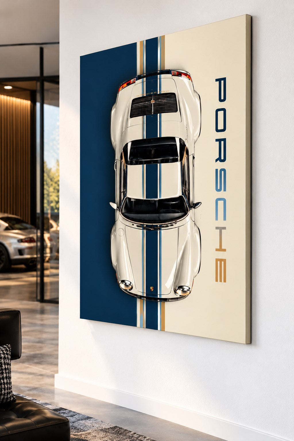 Tableau Porsche 911 vintage Héritage 911 exposé dans un bureau contemporain, décoration automobile élégante
