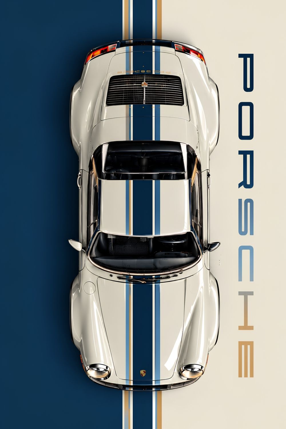 Tableau Porsche 911 vintage Héritage 911, voiture sportive blanc ivoire vue du dessus avec bandes bleu marine et dorées
