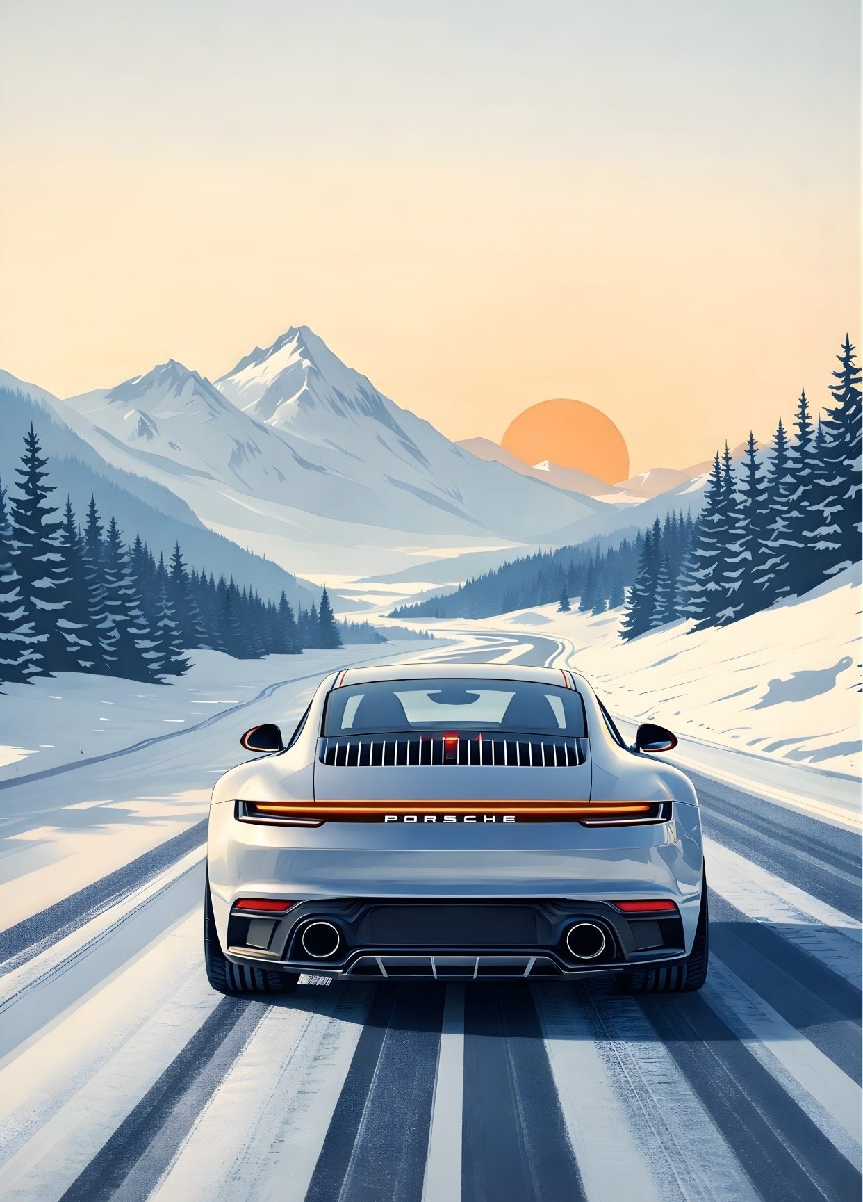 Tableau Porsche réaliste sur route enneigée avec décor montagne minimaliste style affiche
