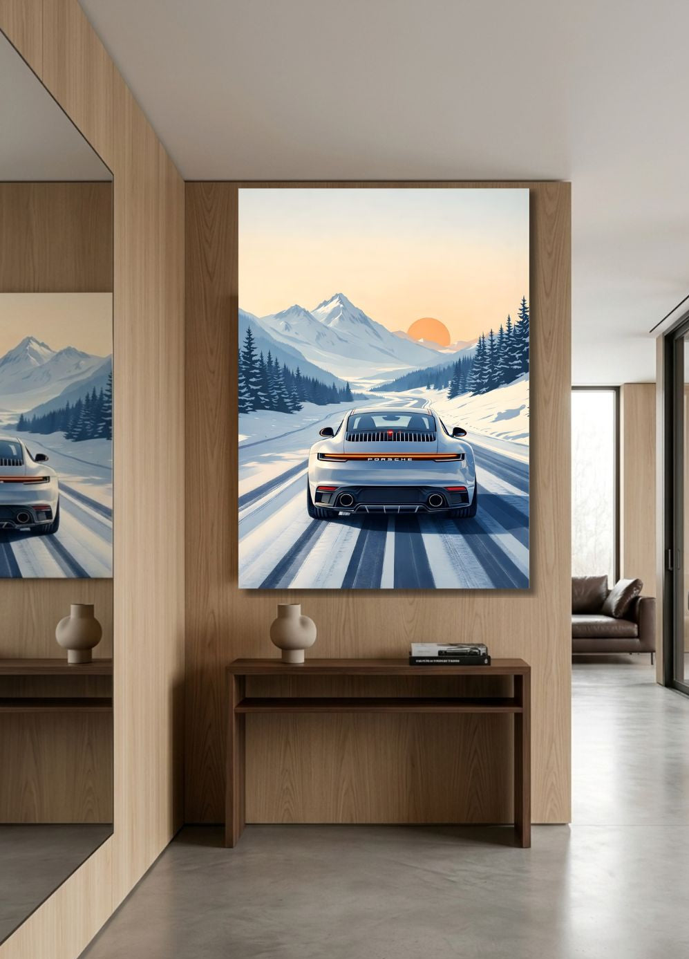 Tableau Porsche neige installé dans salon contemporain décoration murale design
