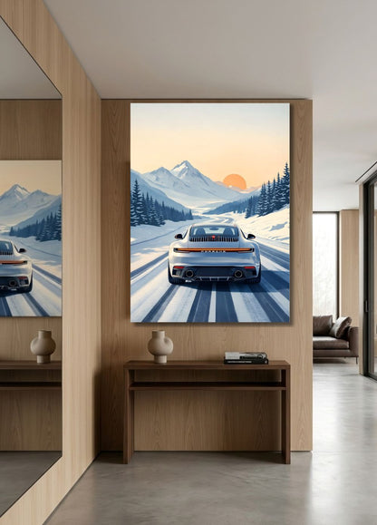Tableau Porsche neige installé dans salon contemporain décoration murale design
