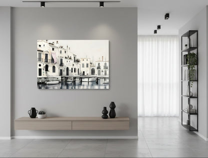 Détail du rendu artistique et des textures architecturales du tableau
