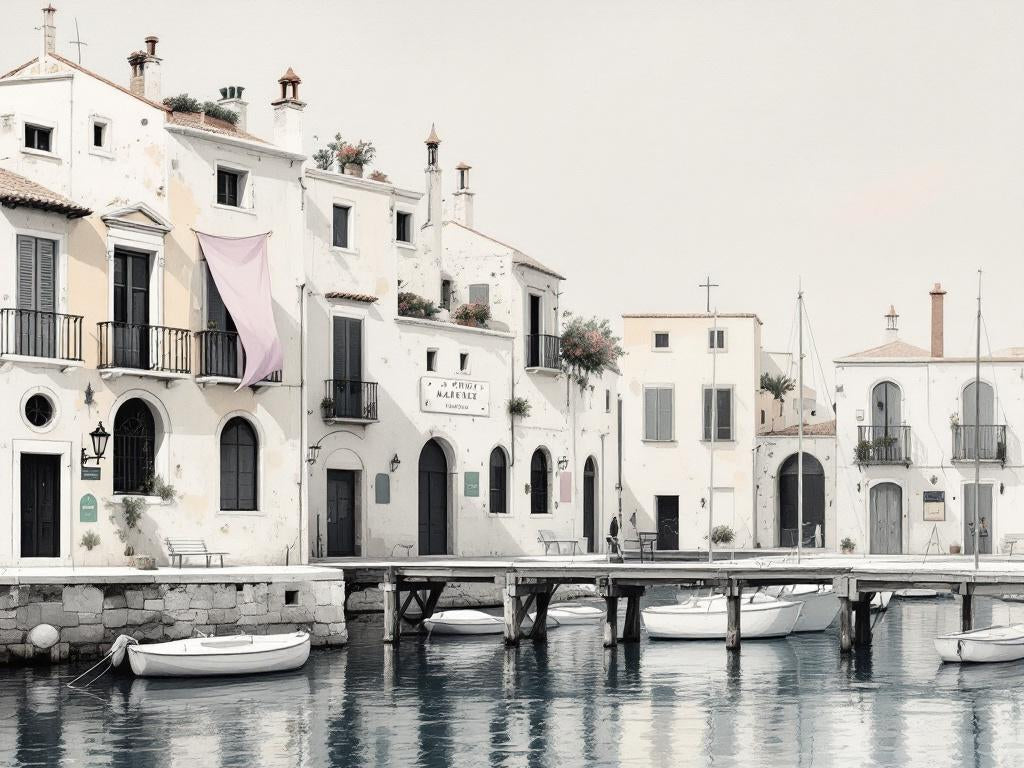 Tableau contemporain représentant un port méditerranéen aux maisons blanches
