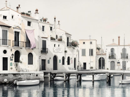 Tableau contemporain représentant un port méditerranéen aux maisons blanches
