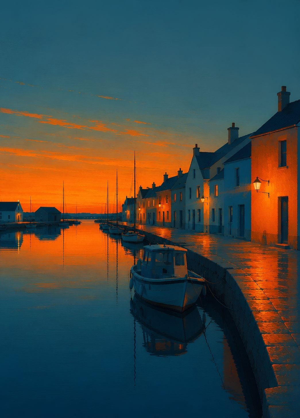 Tableau port de mer contemporain au coucher du soleil avec voiliers et reflets
