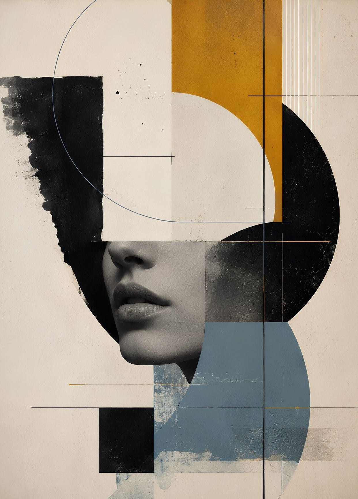 Portrait abstrait contemporain composé de formes géométriques et lignes architecturales
